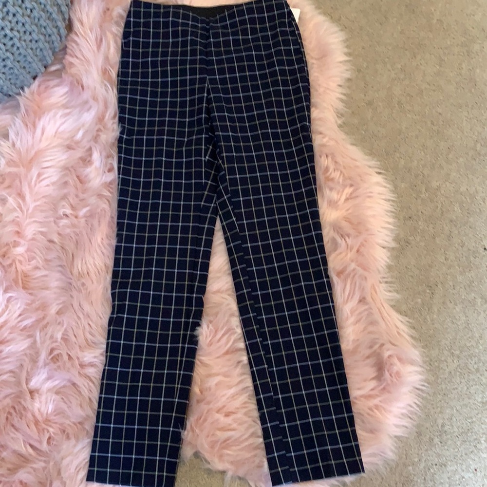 Blue plaid dress pants.